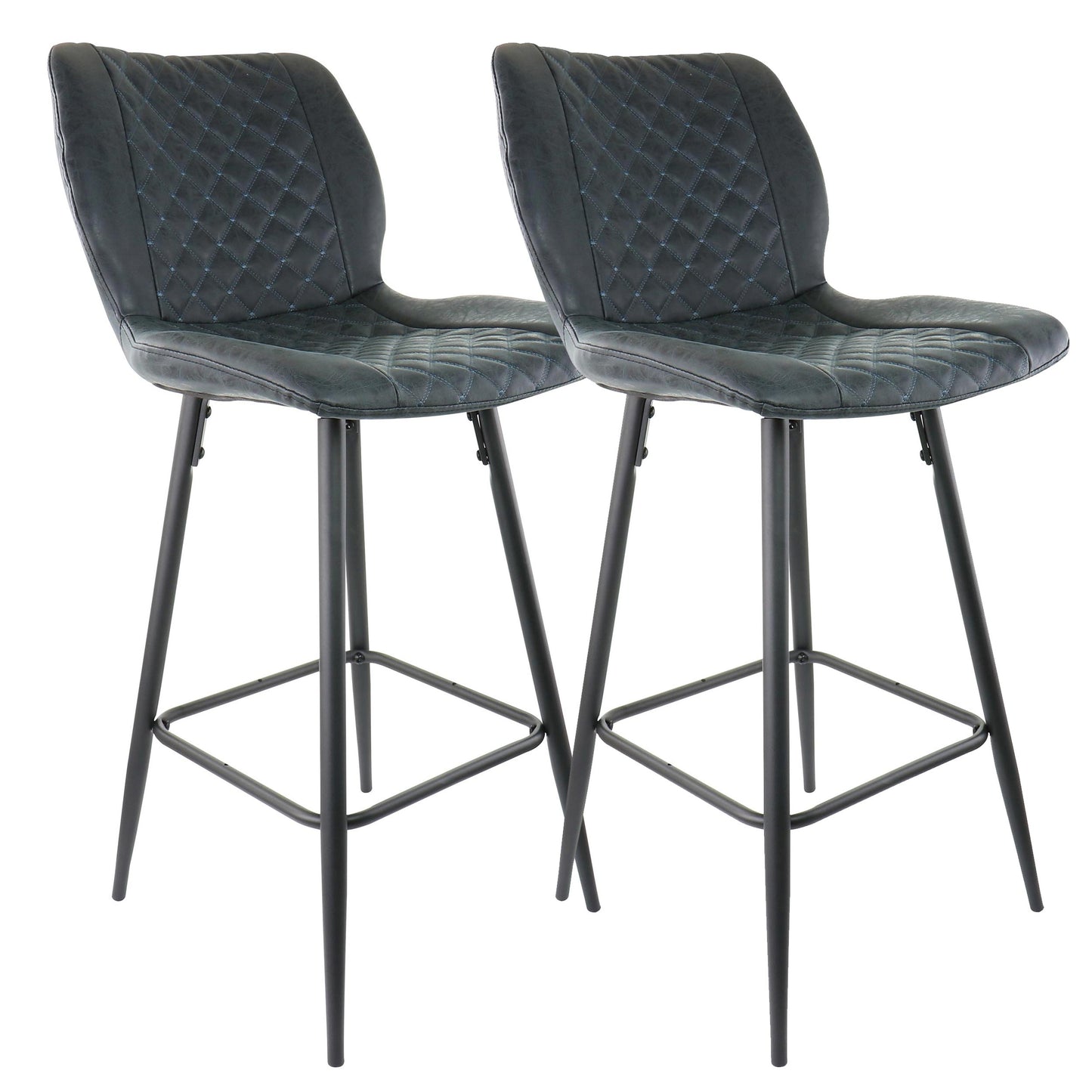 Elama 2 Piece Diamond Stitched Faux Leather Bar Chair in Black w Metal Legs