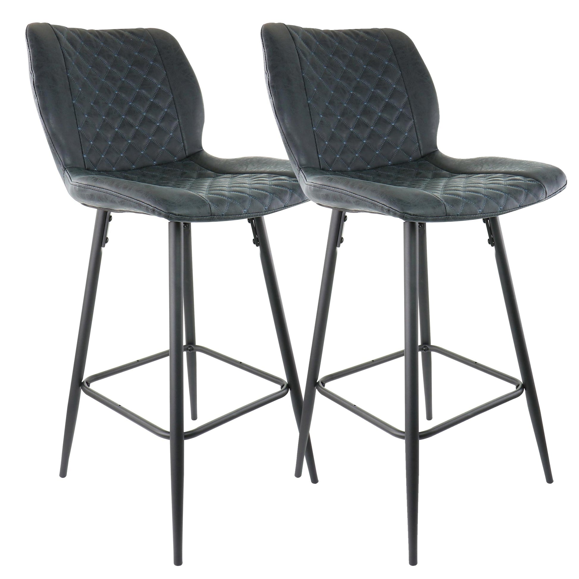 Elama 2 Piece Diamond Stitched Faux Leather Bar Chair in Black w Metal Legs