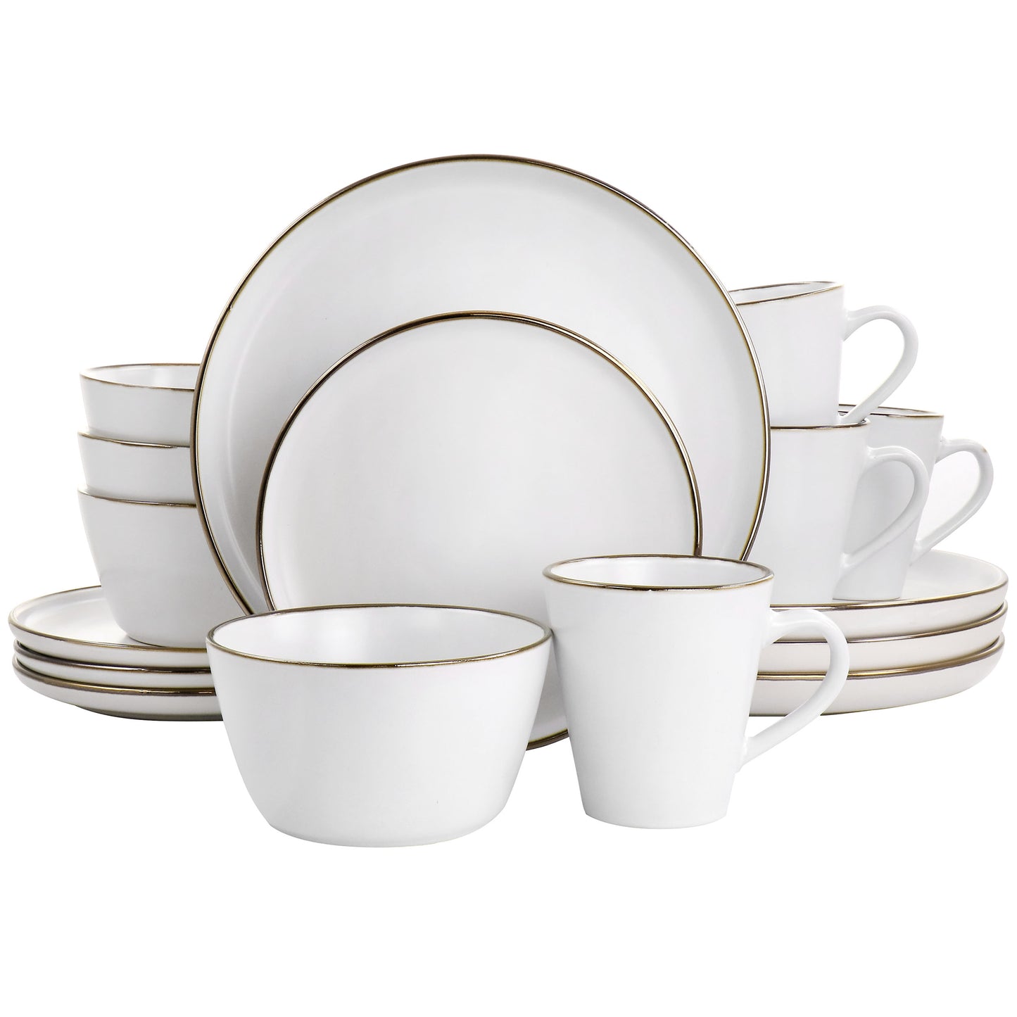 Elama Arthur 16 pc Stoneware Dinnerware Set in Matte White w Gold Rim
