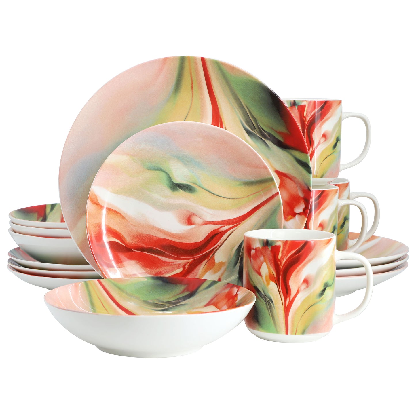 Elama Autumn Storm 16 Piece Abstract Design Round Porcelain Dinnerware Set Multi