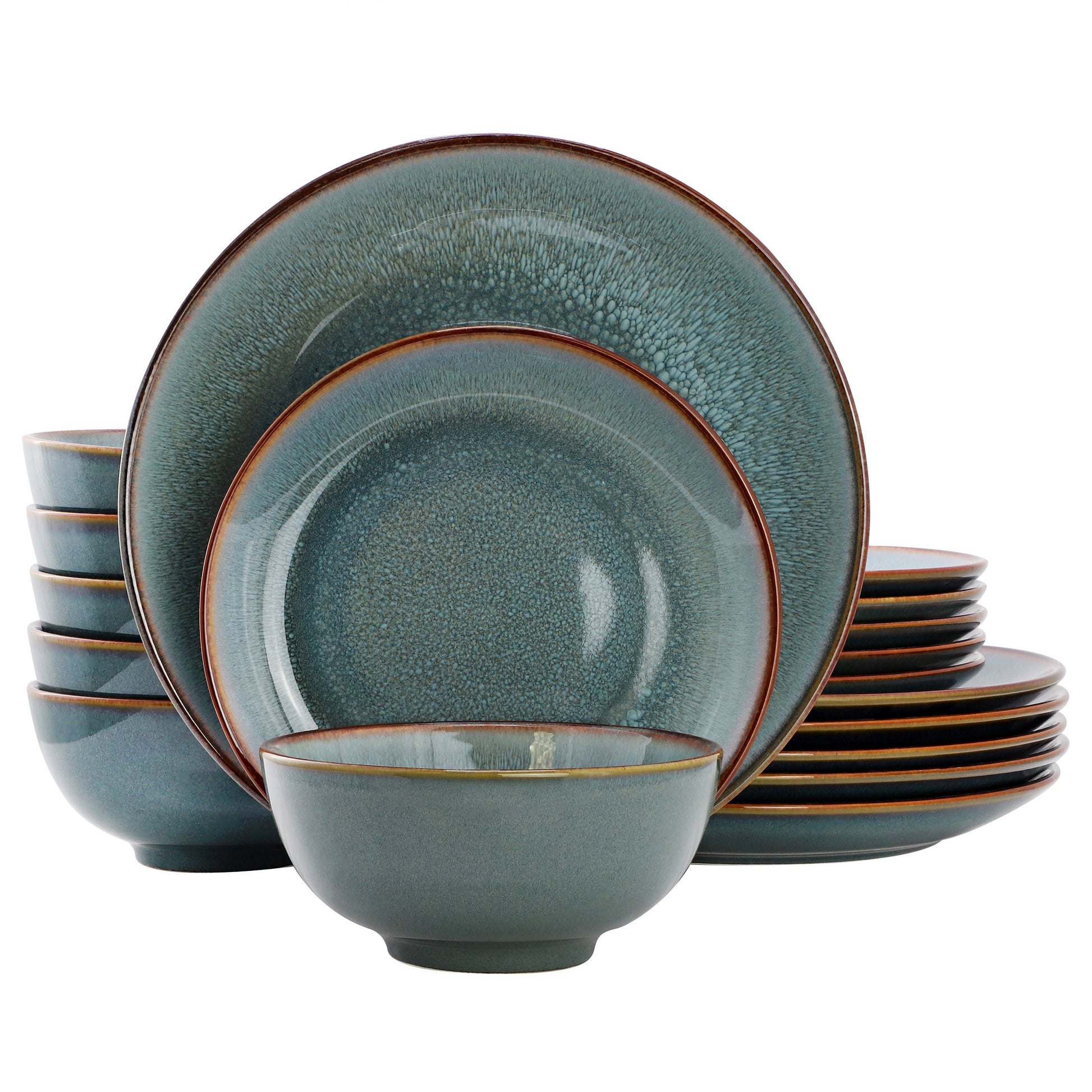 Elama Betty 18 Piece Stoneware Dinnerware Set Blue w Brown Rim for 6