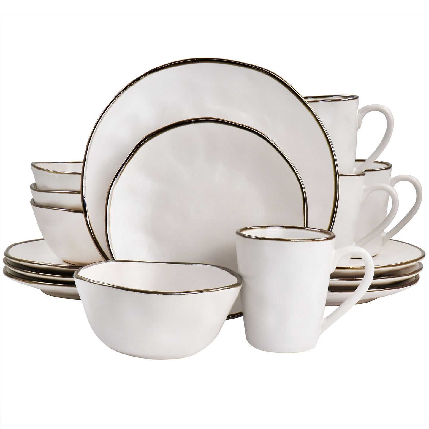 Elama Modern 16 pc Stoneware Dinnerware Set in Matte White w Gold Rim