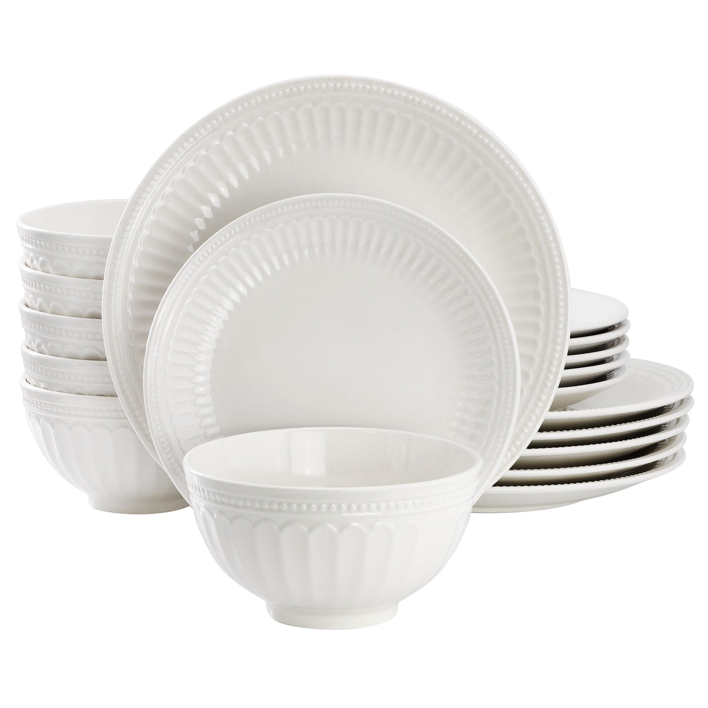 Elama Finley 18 Piece Embossed Arch Stoneware Dinnerware Set White