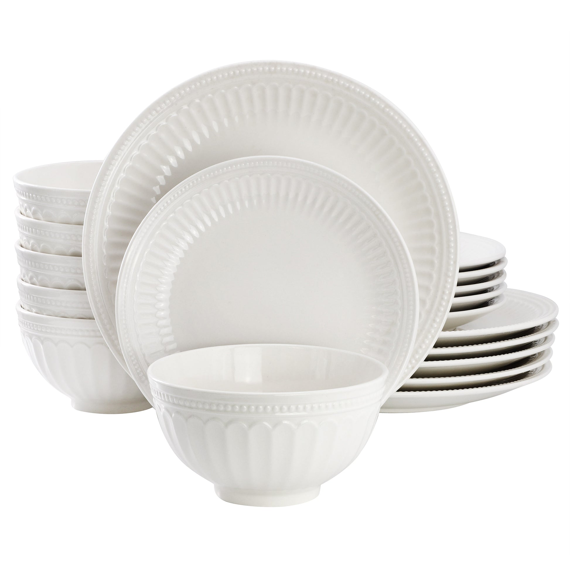 Elama Finley 18 Piece Embossed Arch Stoneware Dinnerware Set White