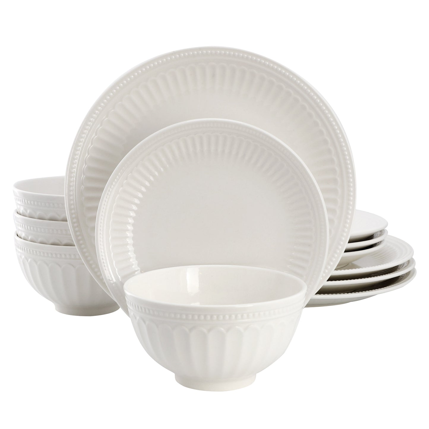 Elama Gabriella 12 Piece Embossed Arch Stoneware Dinnerware Set White