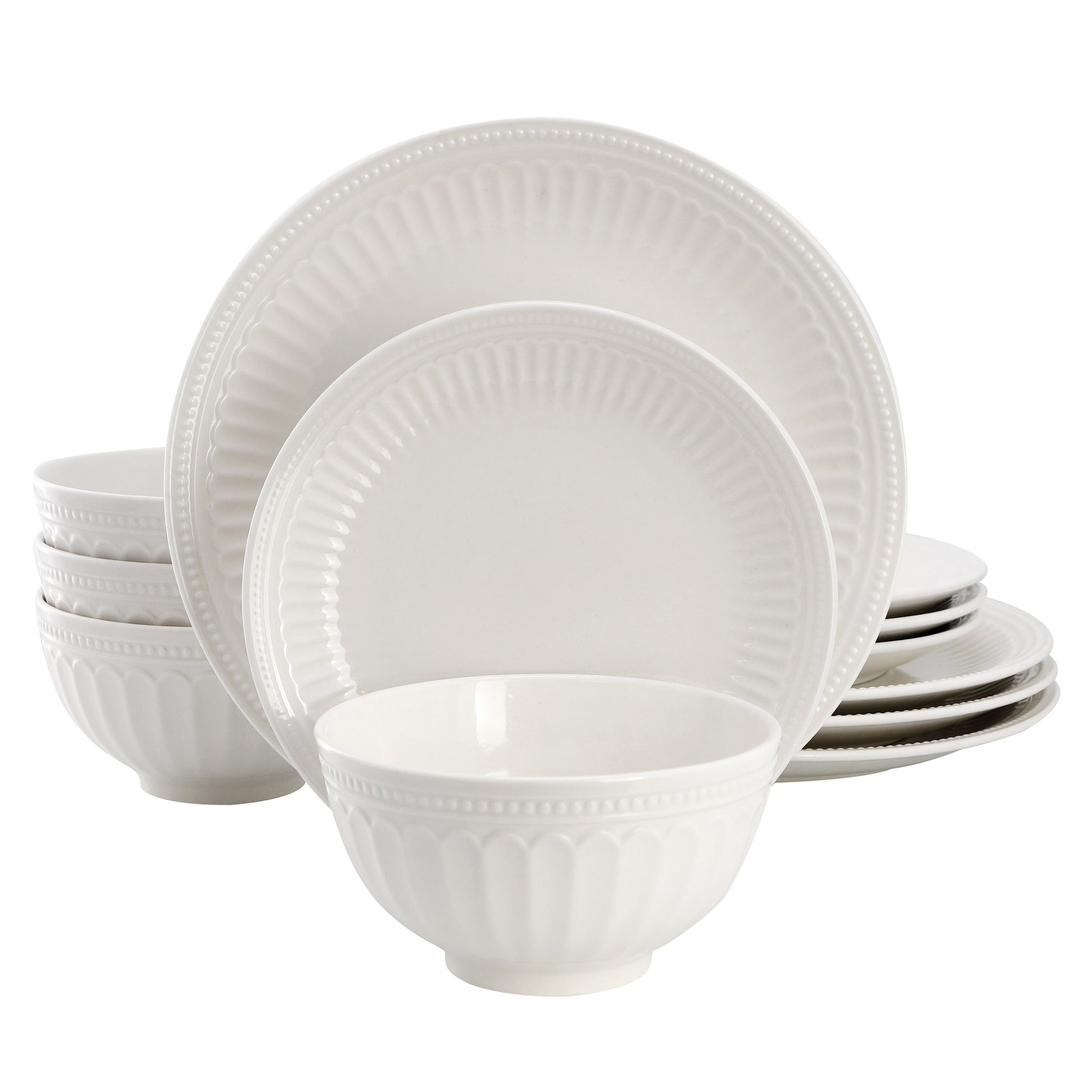 Elama Gabriella 12 Piece Embossed Arch Stoneware Dinnerware Set White