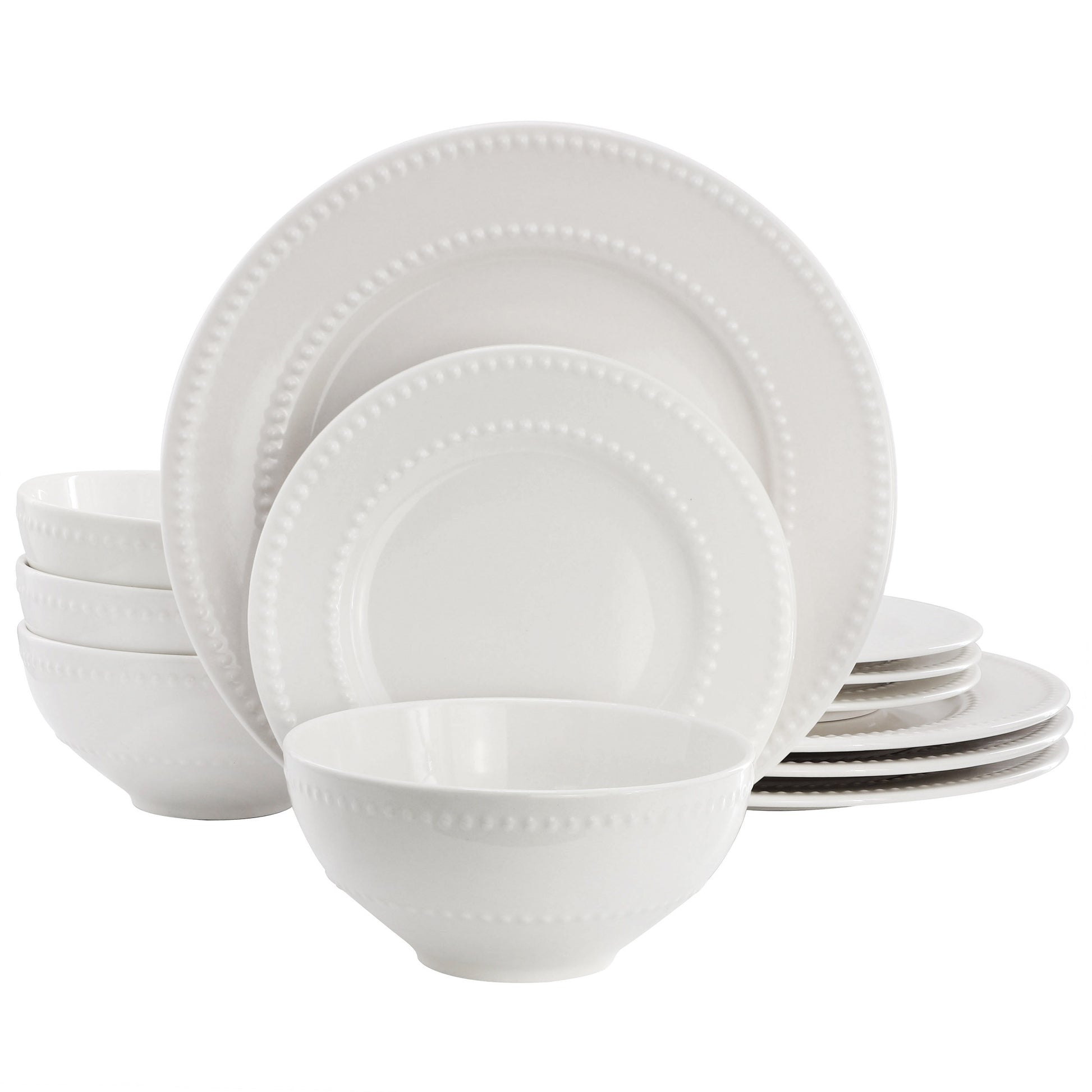 Elama Genevieve 12 Piece Embossed Dot Stoneware Dinnerware Set White