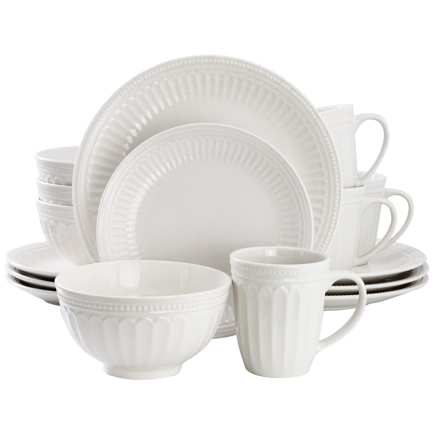 Elama Hansel 16 Piece Embossed Arch Stoneware Dinnerware Set White
