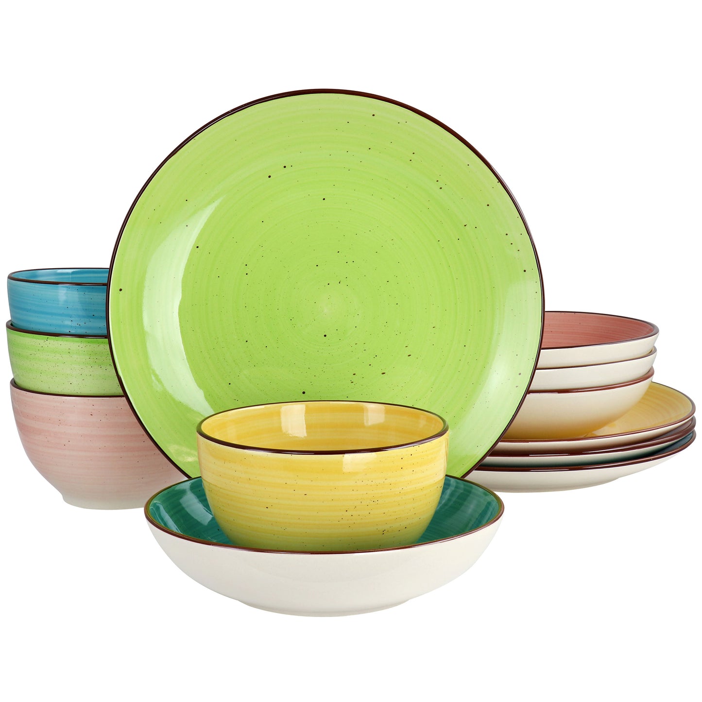 Elama Hudson 12 Piece Double Bowl Stoneware Dinnerware Set Assorted Colors