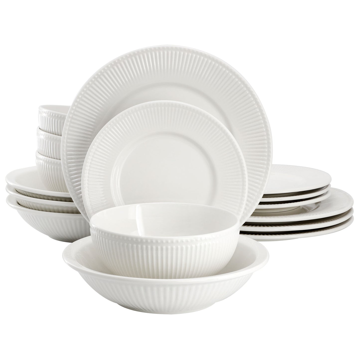 Elama Kate 16 Piece Textured Trim Double Bowl Porcelain Dinnerware Set White