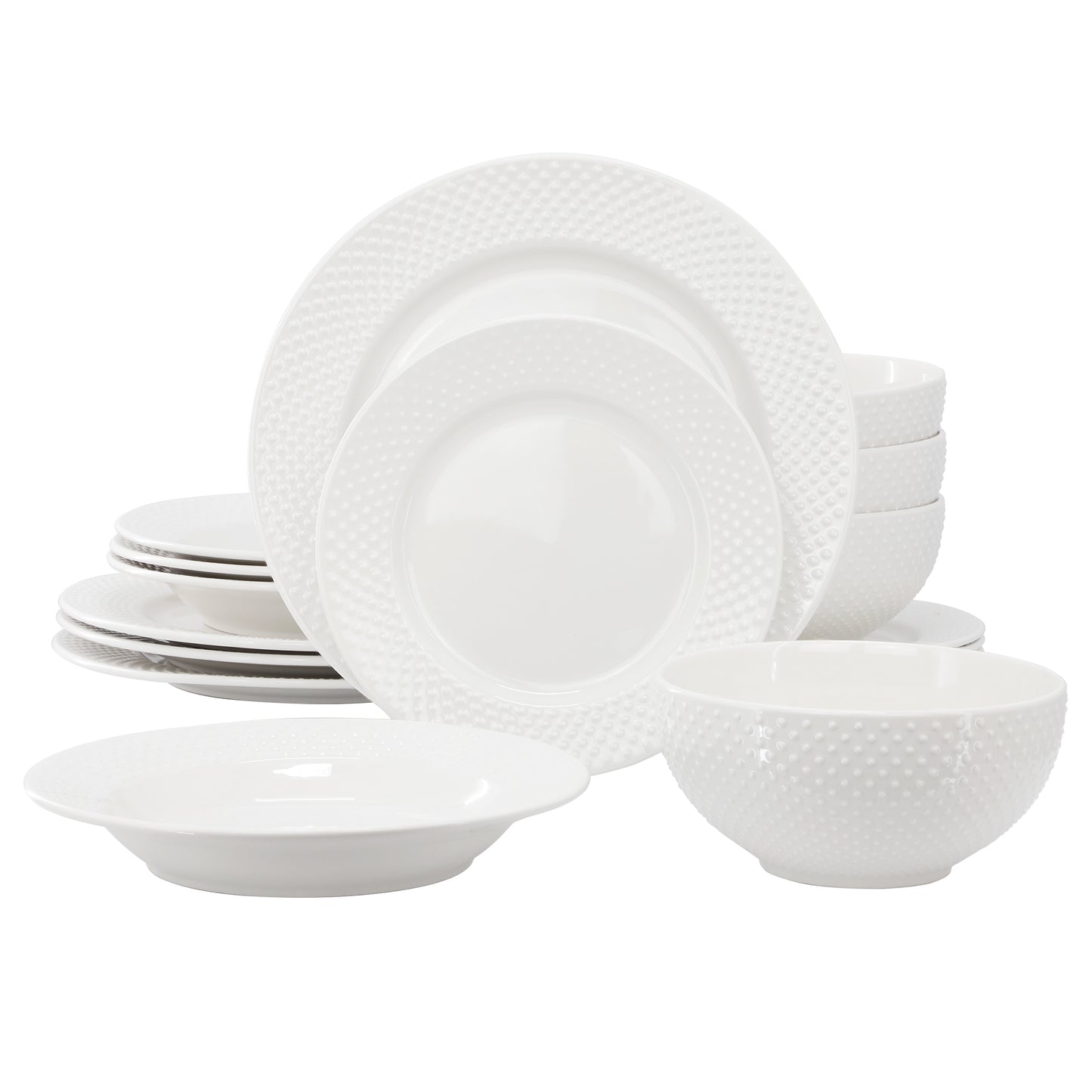 Elama Kim 16 Piece Hobnail Double Bowl Porcelain Dinnerware Set White
