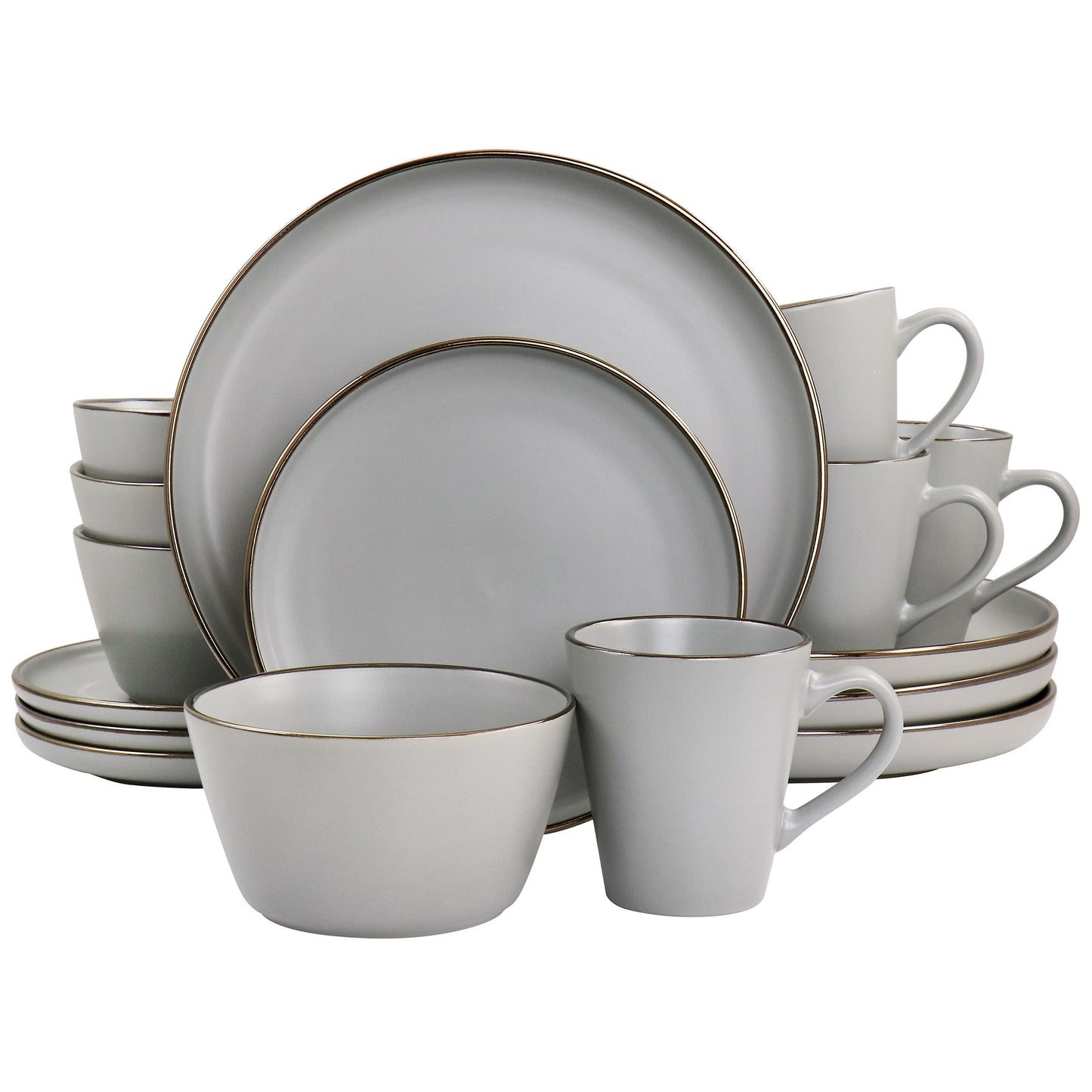 Elama Louis 16 pc Stoneware Dinnerware Set in Matte Slate w Gold Rim