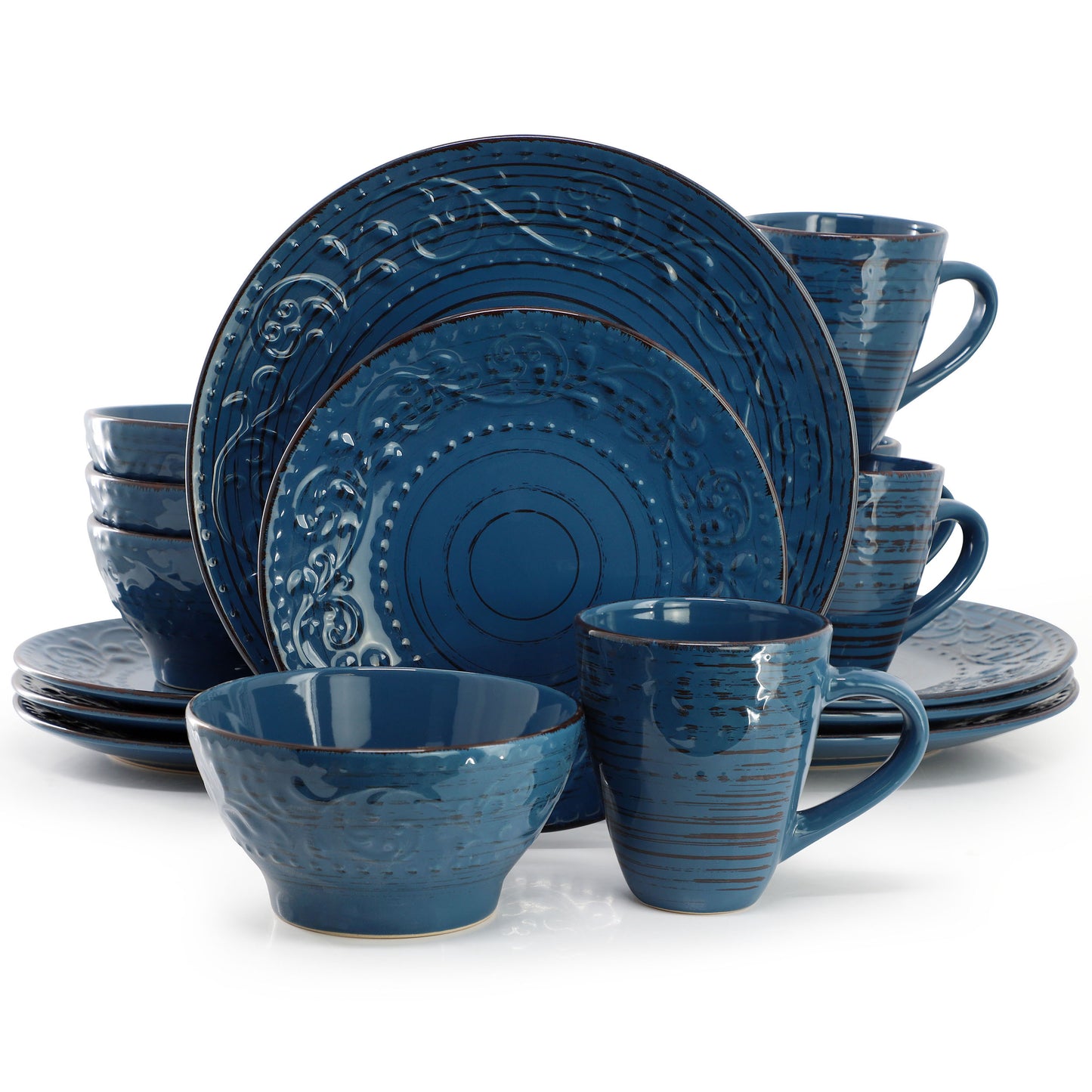 Elama Malibu Deep Ocean 16-Piece Stoneware Dinnerware Set Dark Blue