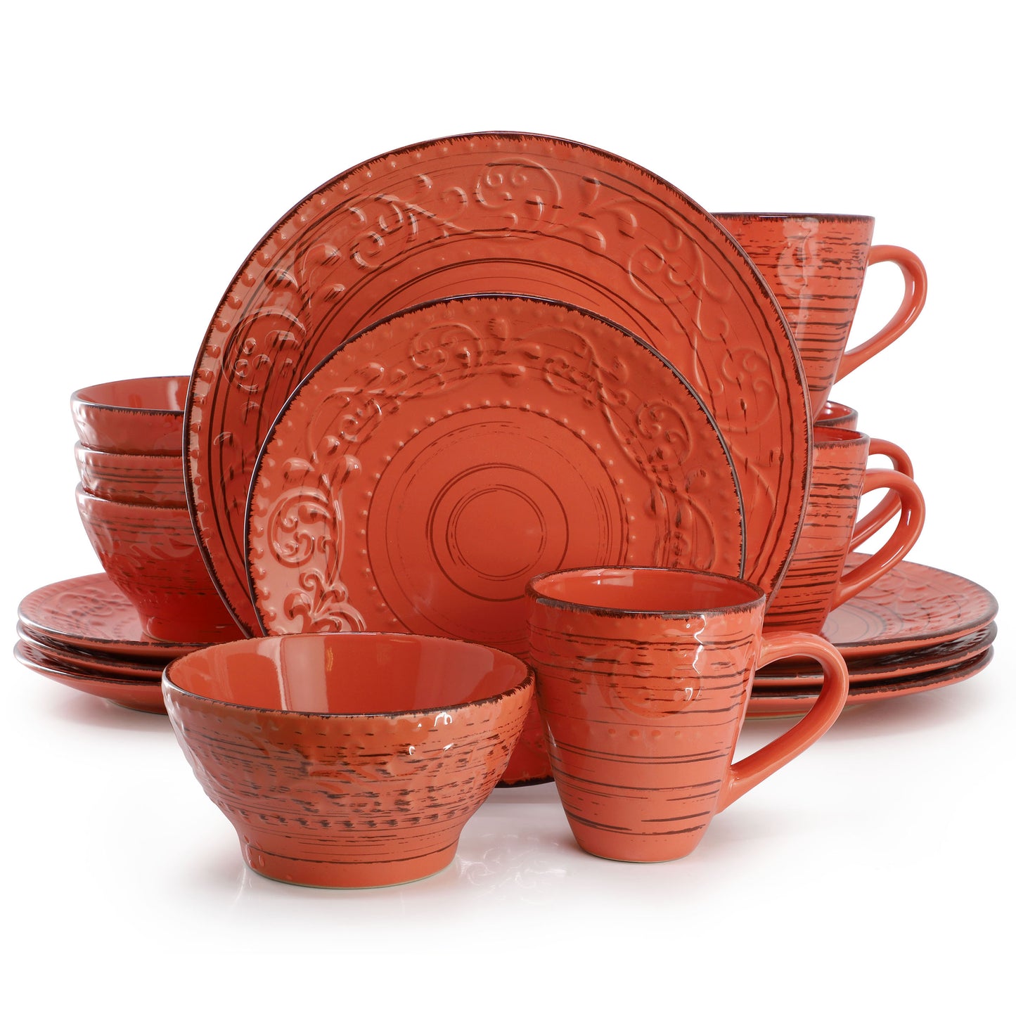 Elama Malibu Jasper 16-Piece Stoneware Dinnerware Set Orange
