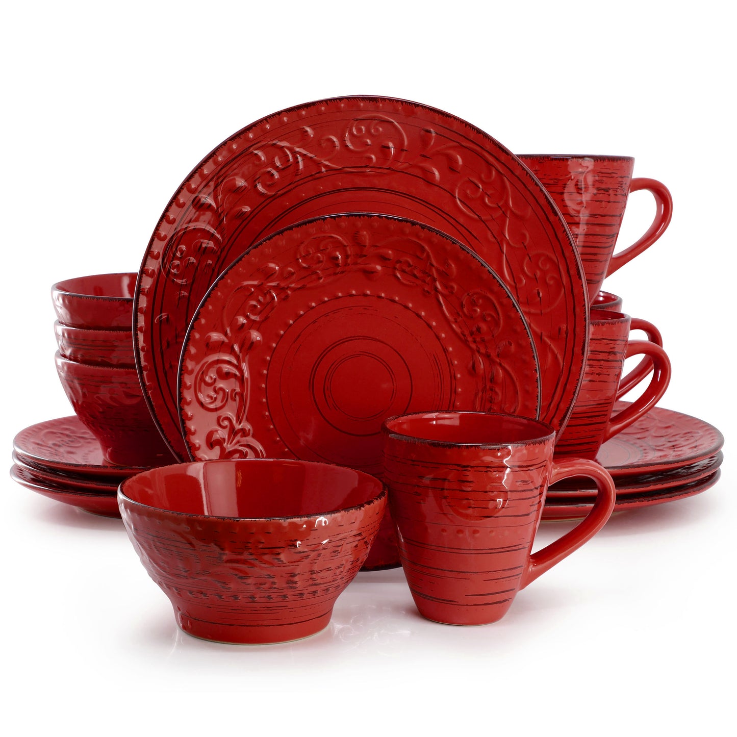 Elama Malibu Ocean Bloom 16-Piece Dinnerware Set Red