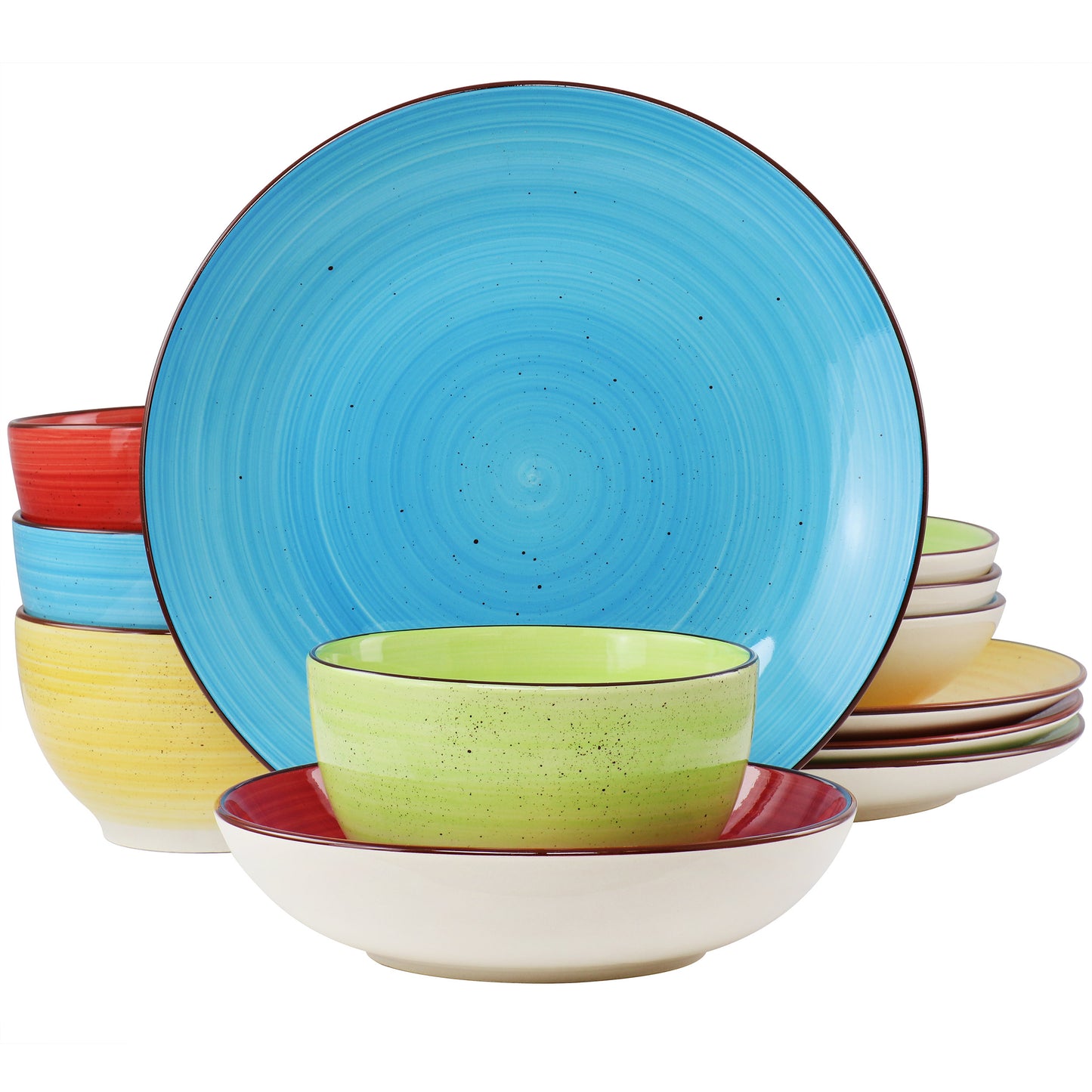 Elama Mason 12 Piece Double Bowl Stoneware Dinnerware Set Assorted Colors