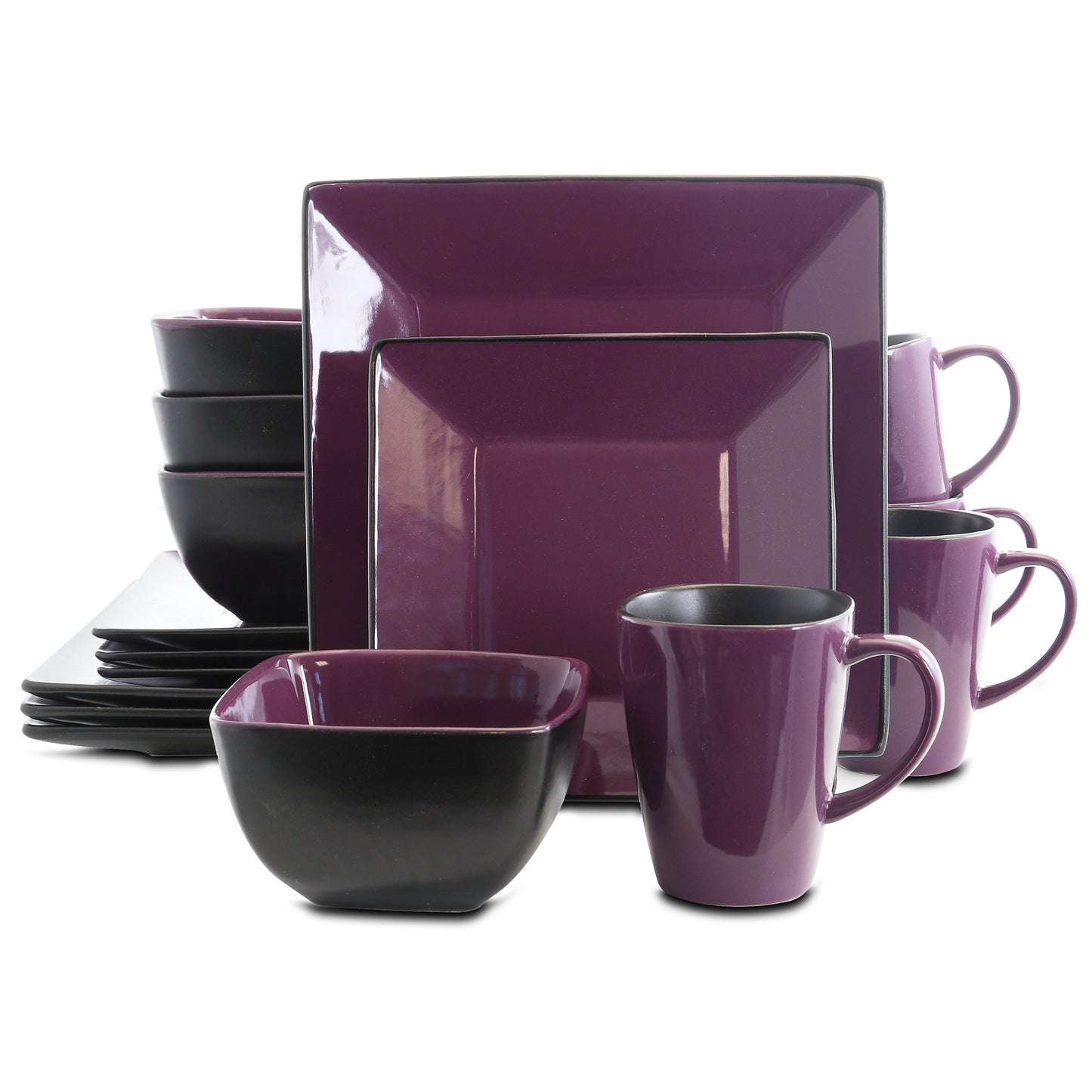 Elama Mulberry Loft 16 Pc Purple Square Glazed Stoneware Dinnerware Complete Set