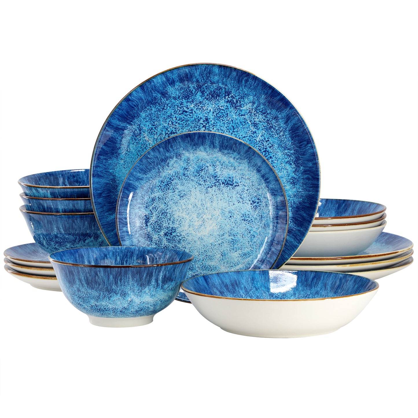 Elama Oceanus 16 Piece Porcelain Double Bowl Dinnerware Set Blue