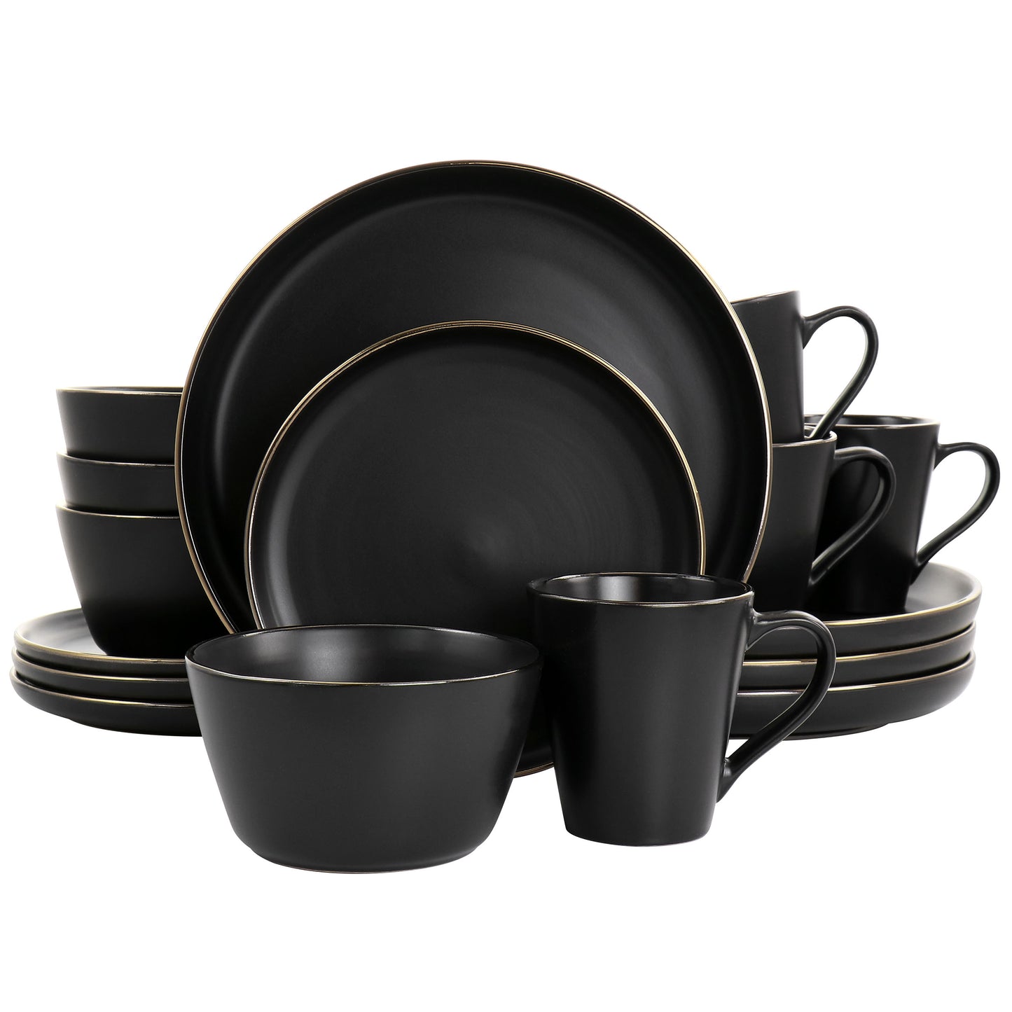Elama Paul 16 Piece Stoneware Dinnerware Dish Set in Matte Black with Gold Rim