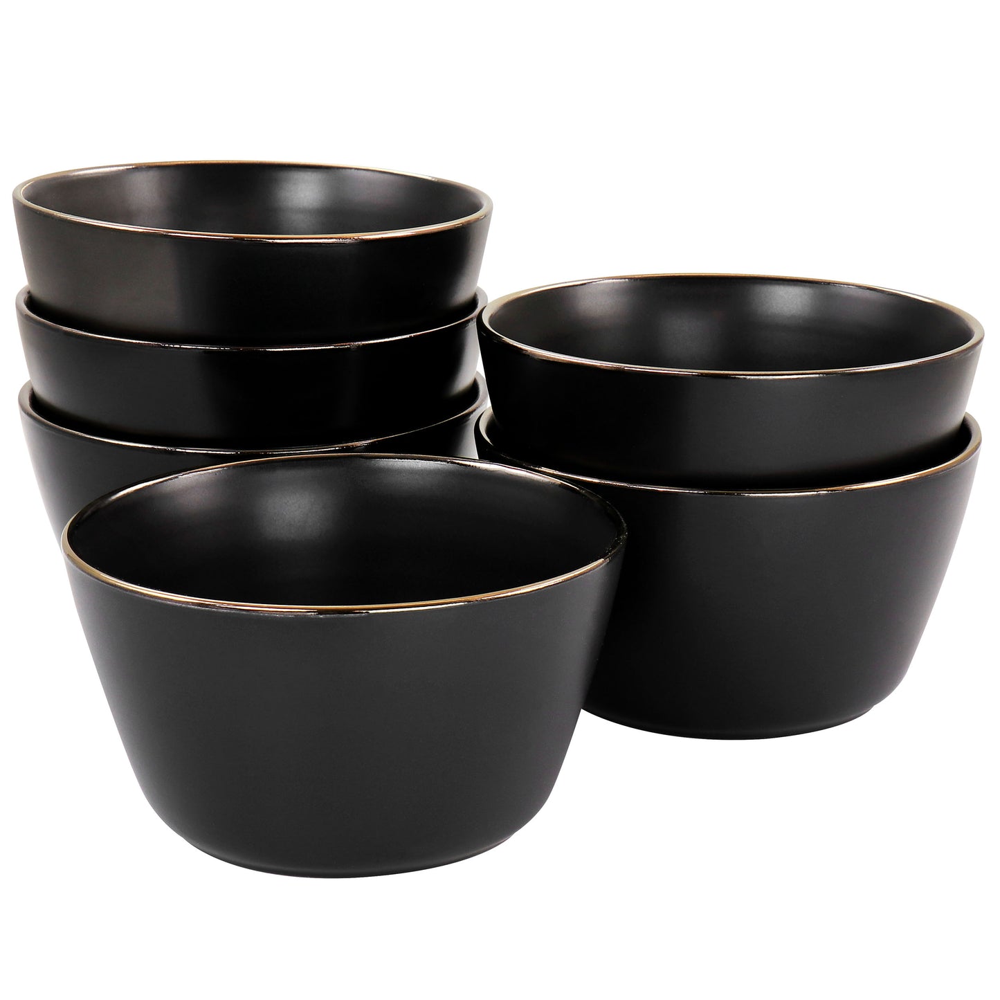 Elama Paul 6 Piece Stoneware Bowl Set Matte Black w Gold Rim