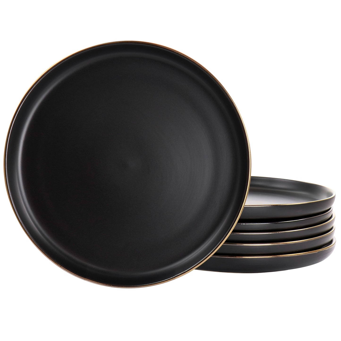 Elama Paul 6 Piece Stoneware Dinner Plate Set Matte Black w Gold Rim