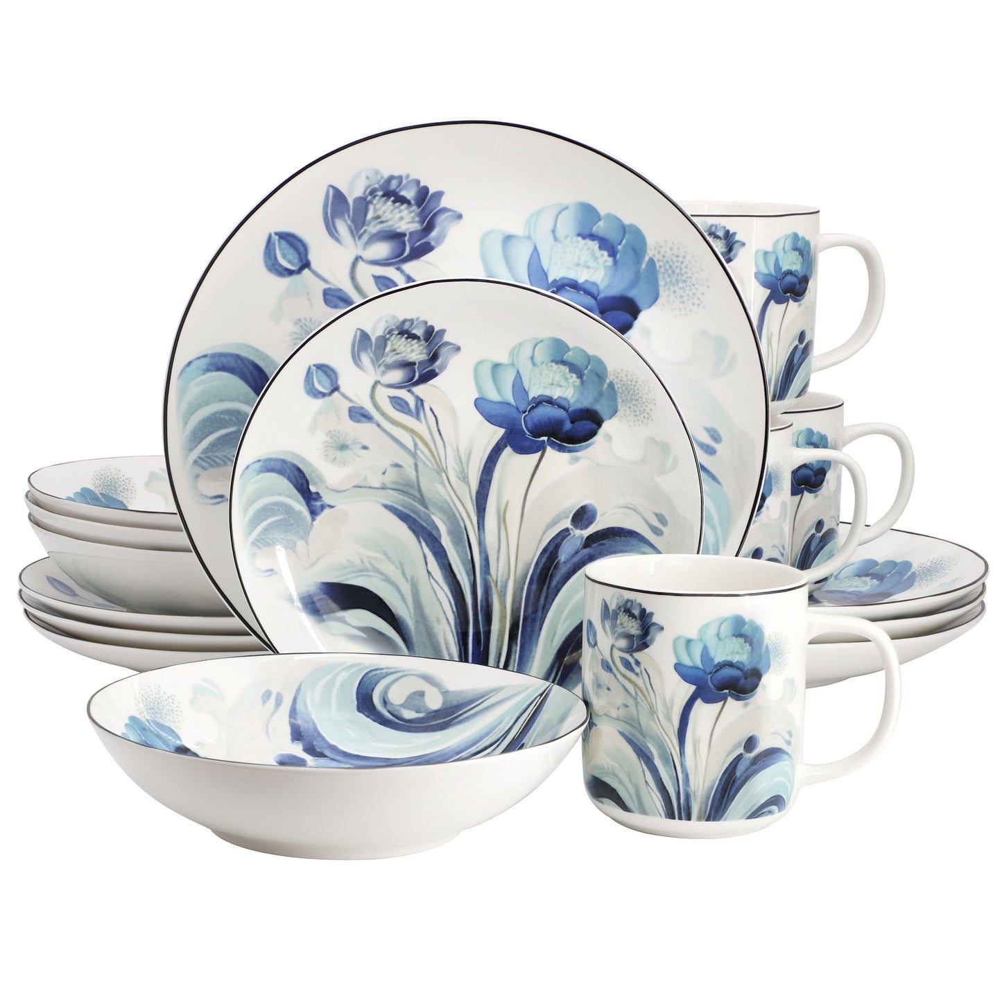 Elama Peony Garden 16 Piece Floral Design Round Porcelain Dinnerware Set Blue
