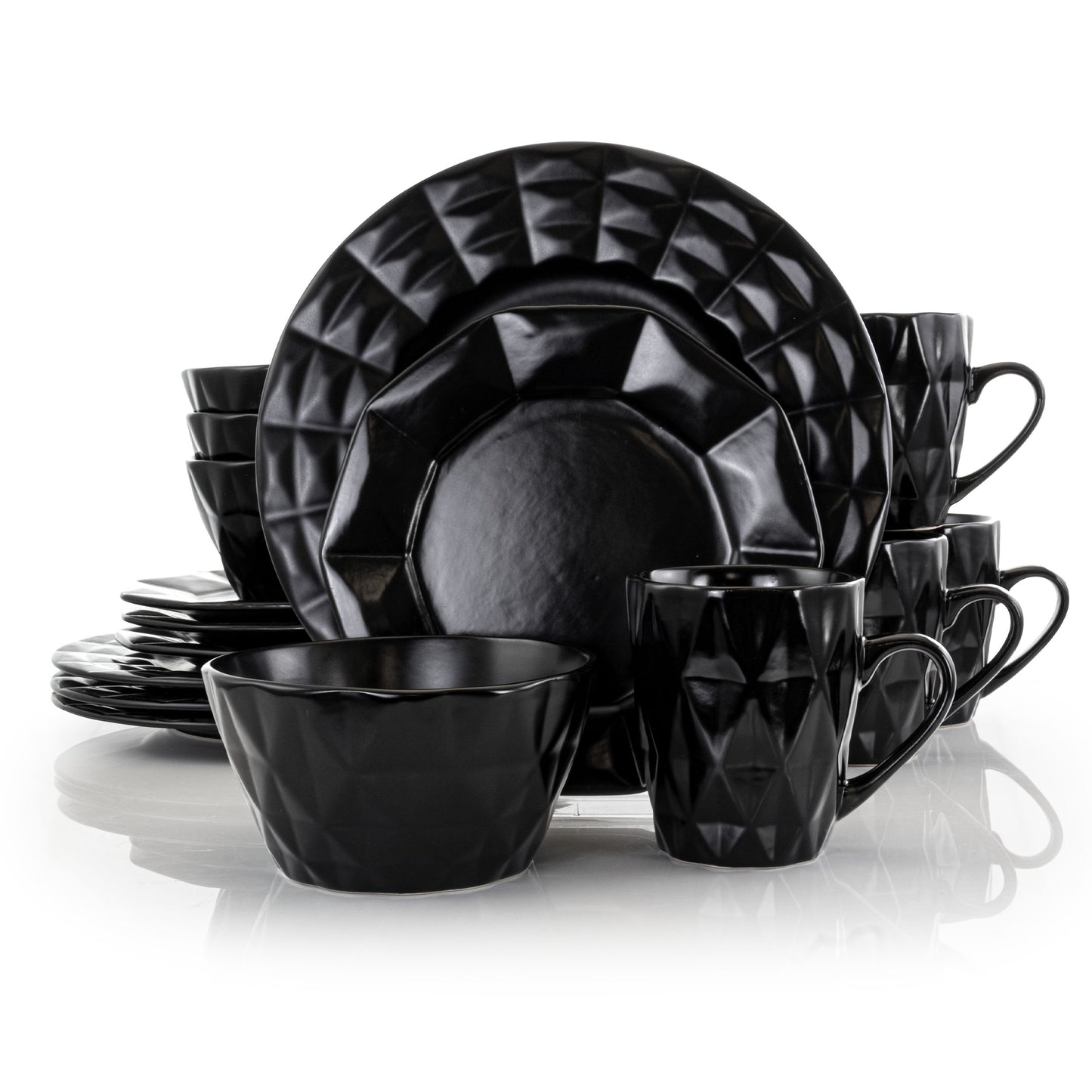 Elama Retro Chic 16 pc Glazed Stoneware Dinnerware Set in Black
