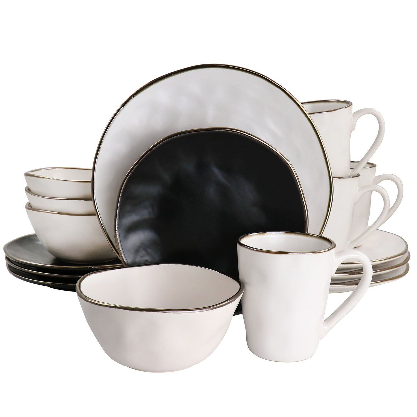 Elama Roman 16 pc Stoneware Dinnerware Set in Assorted Matte w Gold Rim