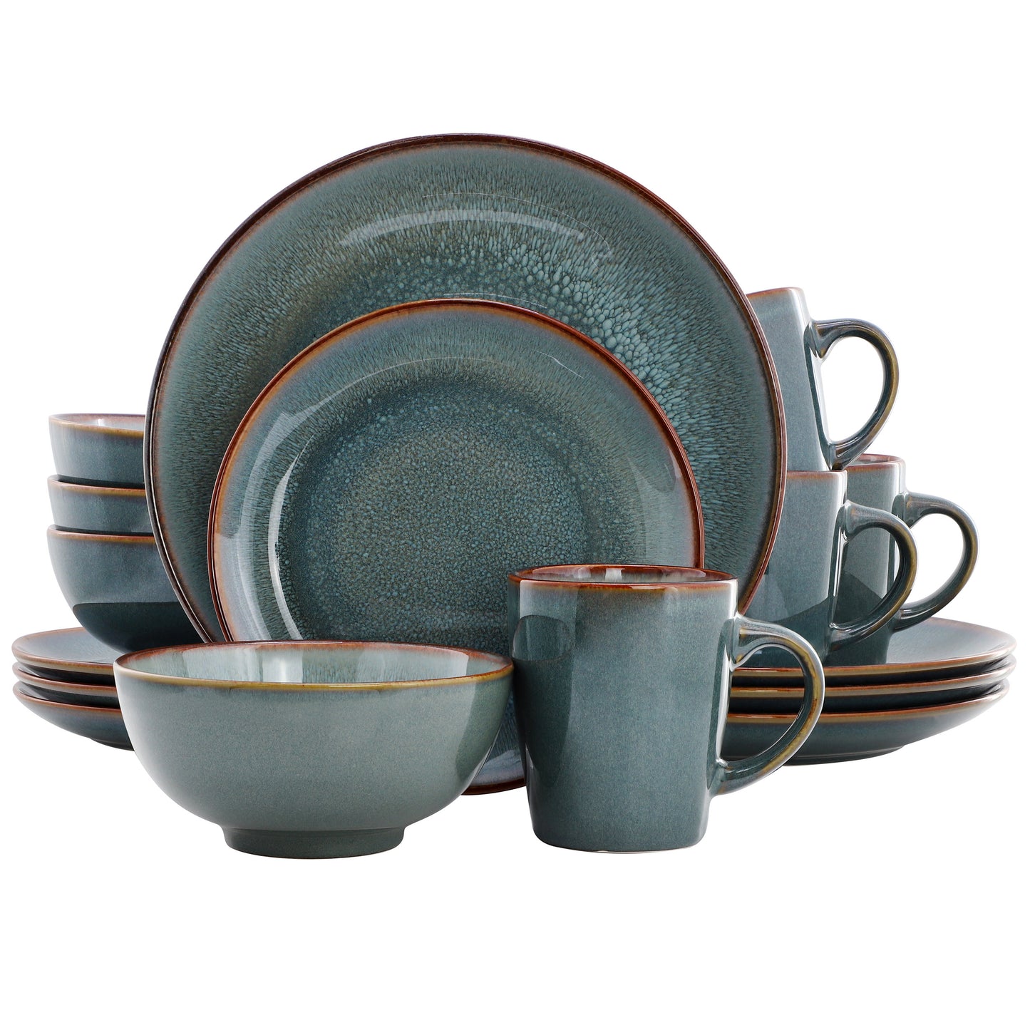 Elama Slate 16 Piece Stoneware Dinnerware Set Blue w Brown Rim for 4