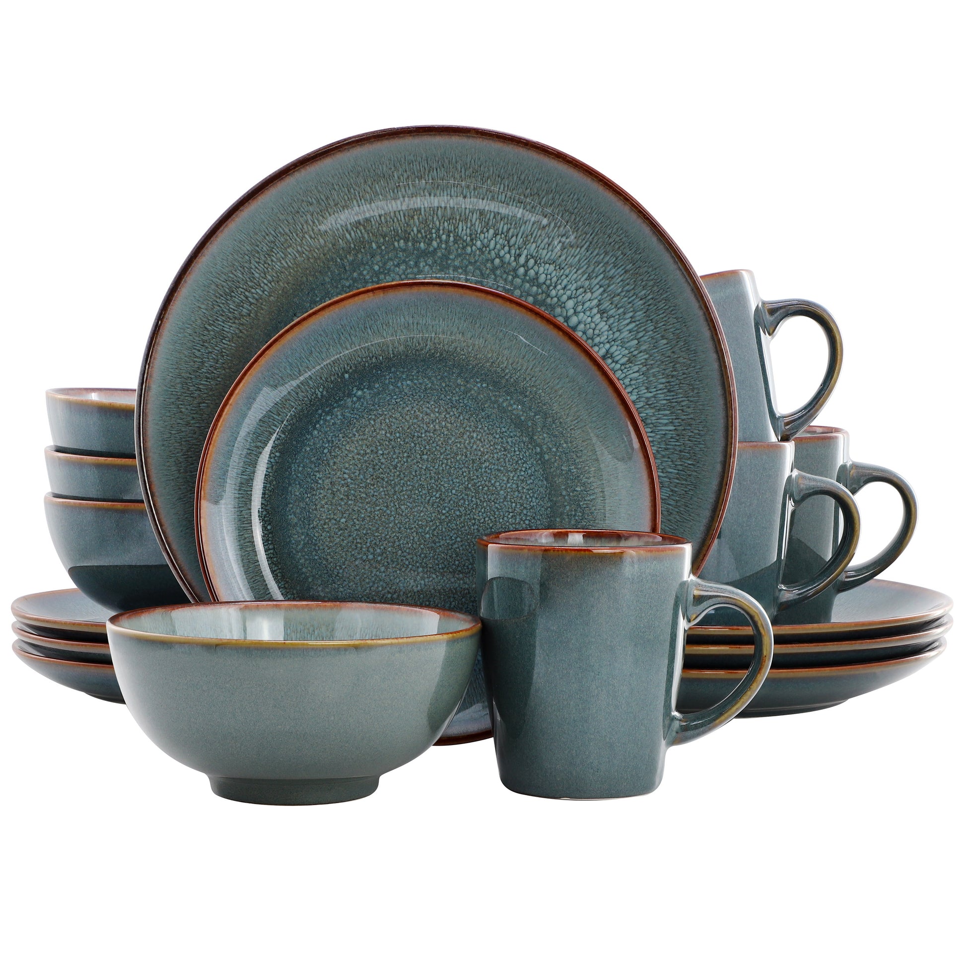 Elama Slate 16 Piece Stoneware Dinnerware Set Blue w Brown Rim for 4