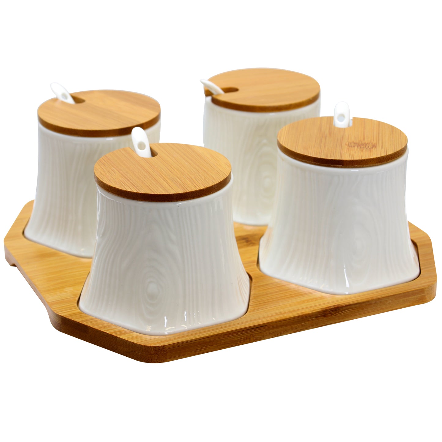 Elama Ceramic Spice Jam Salsa Jars with Bamboo Lids, Tray, and Serving Spoon