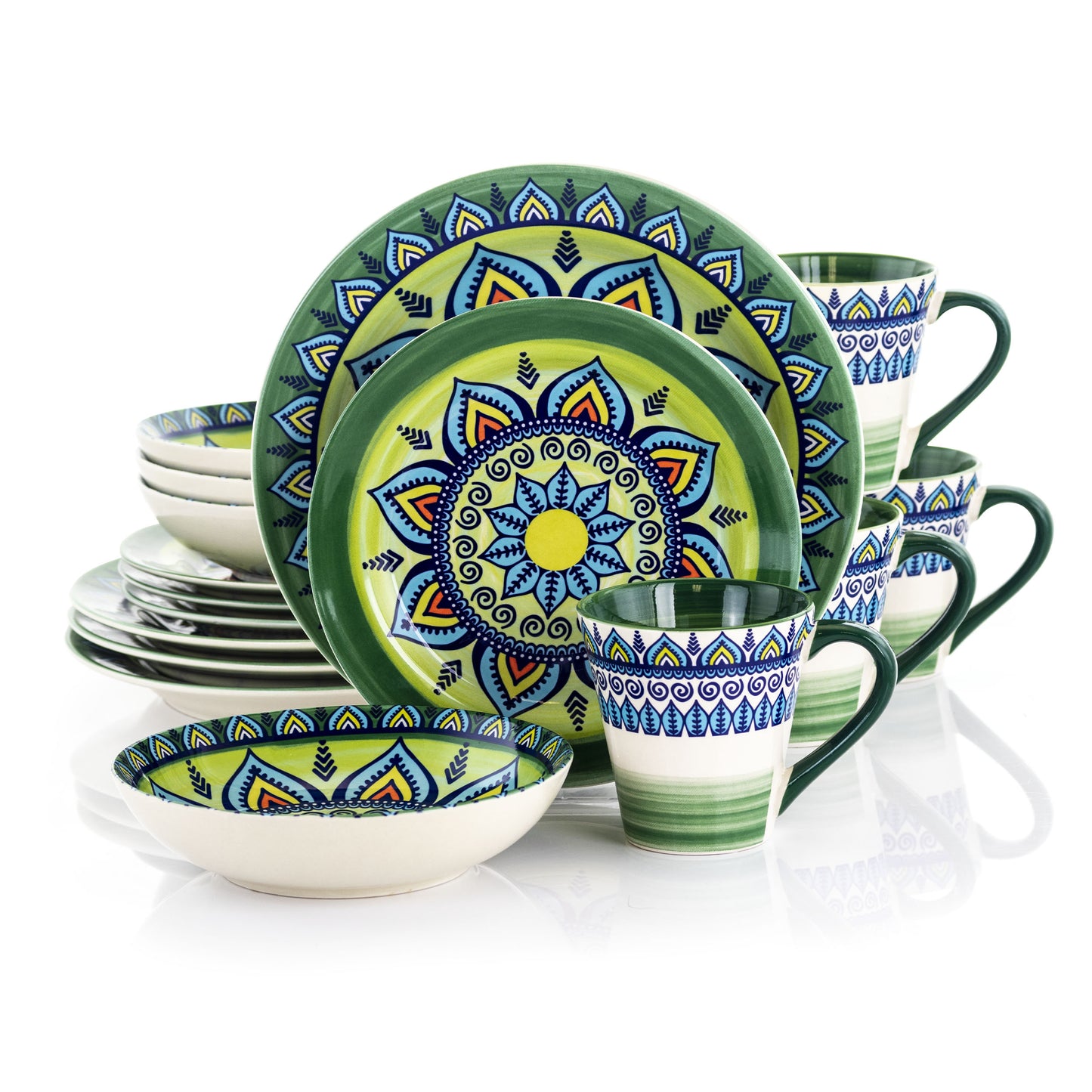 Elama Zen Green Mozaik 16 Pc Round Bohemian Mosaic Stoneware Dinnerware Set