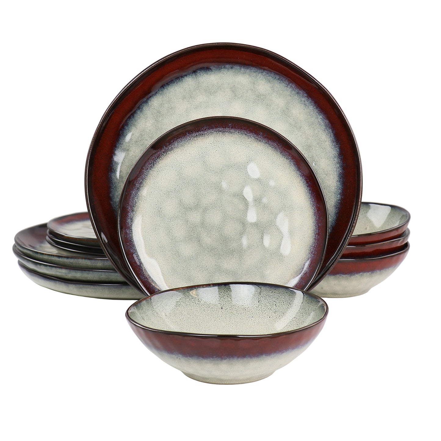 Elama Samara 12 pc Stoneware Dinnerware Set in Red & Off White
