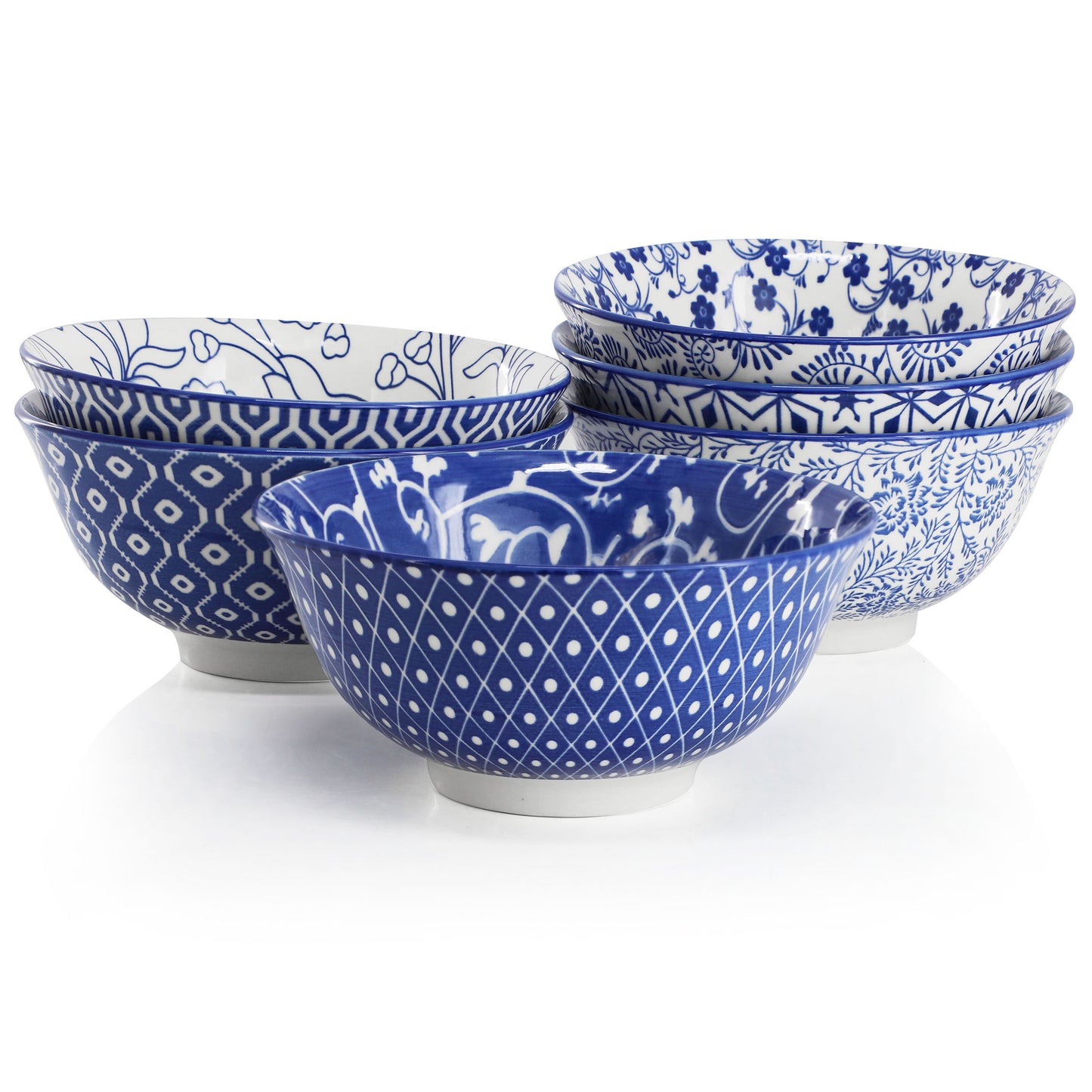Elama Moxy 6 Piece Assorted Design 20 oz Porcelain Footed Bowl Set Blue