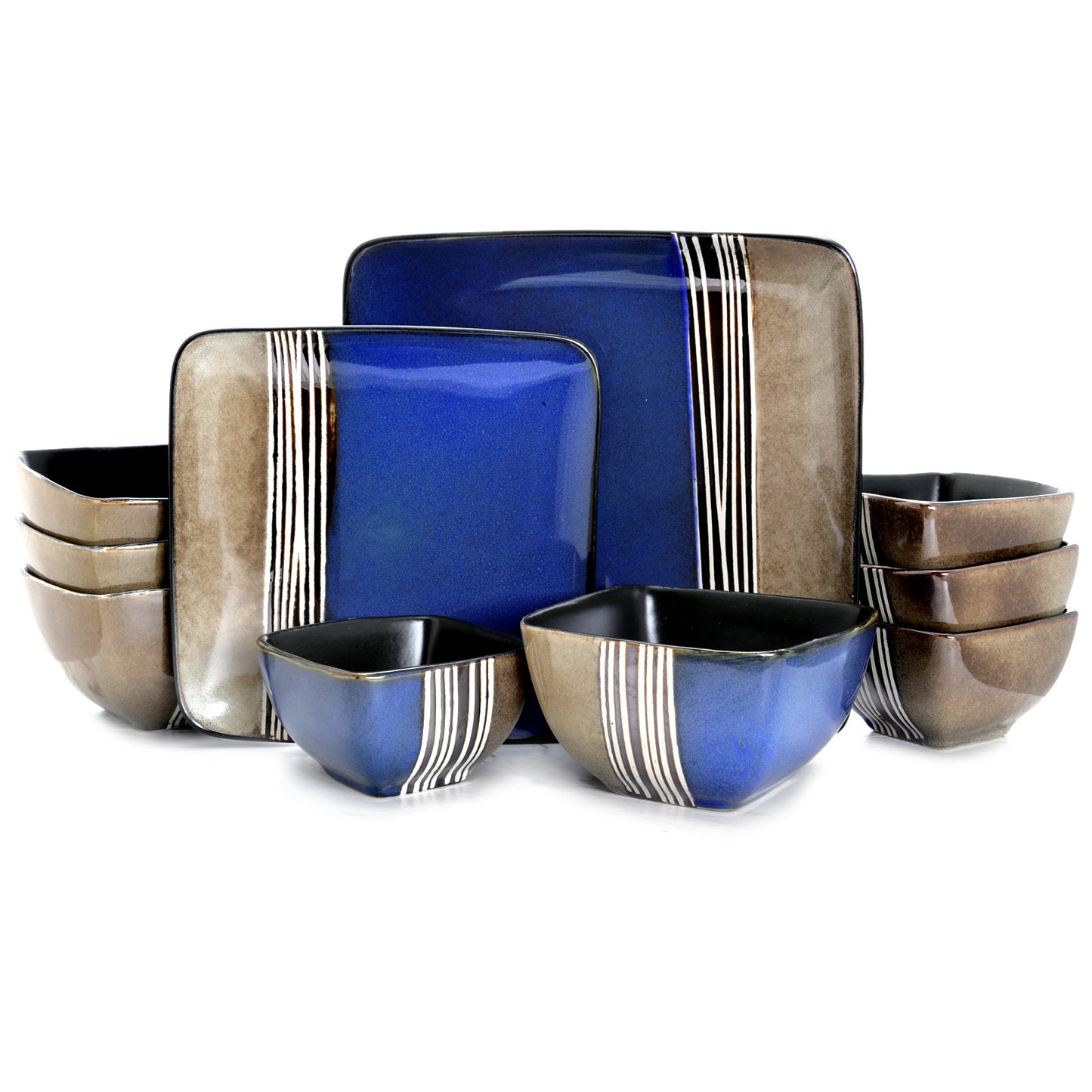 Elama Uptown Loft Blue 16 Piece Double Bowl Square Stoneware Dinnerware Dish Set