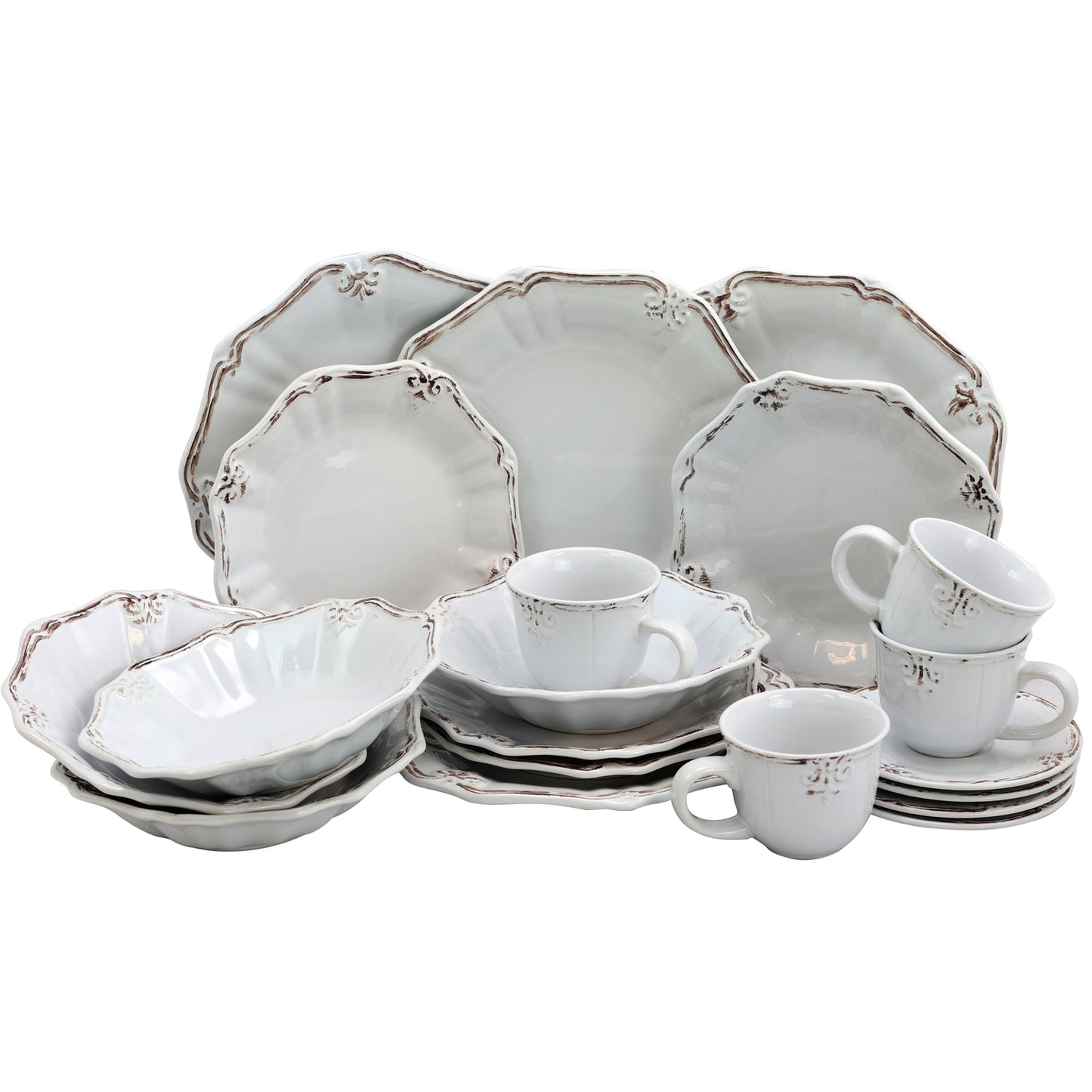 Elama Fleur De Lys 20 pc Stoneware Dinnerware Set in White