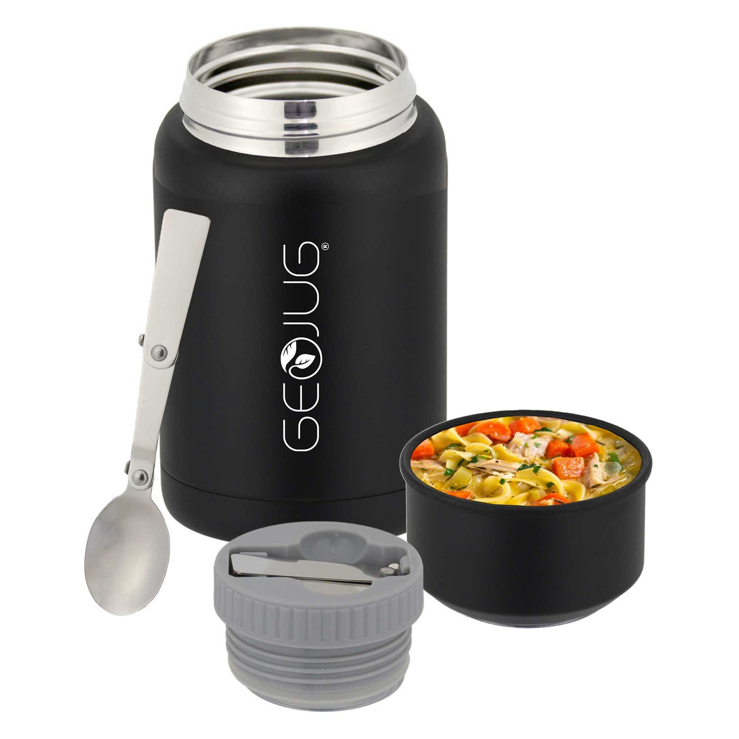 Brentwood GEOJUG 17oz Insulated Black Stainless Steel Food Jar w Bowl & Folding