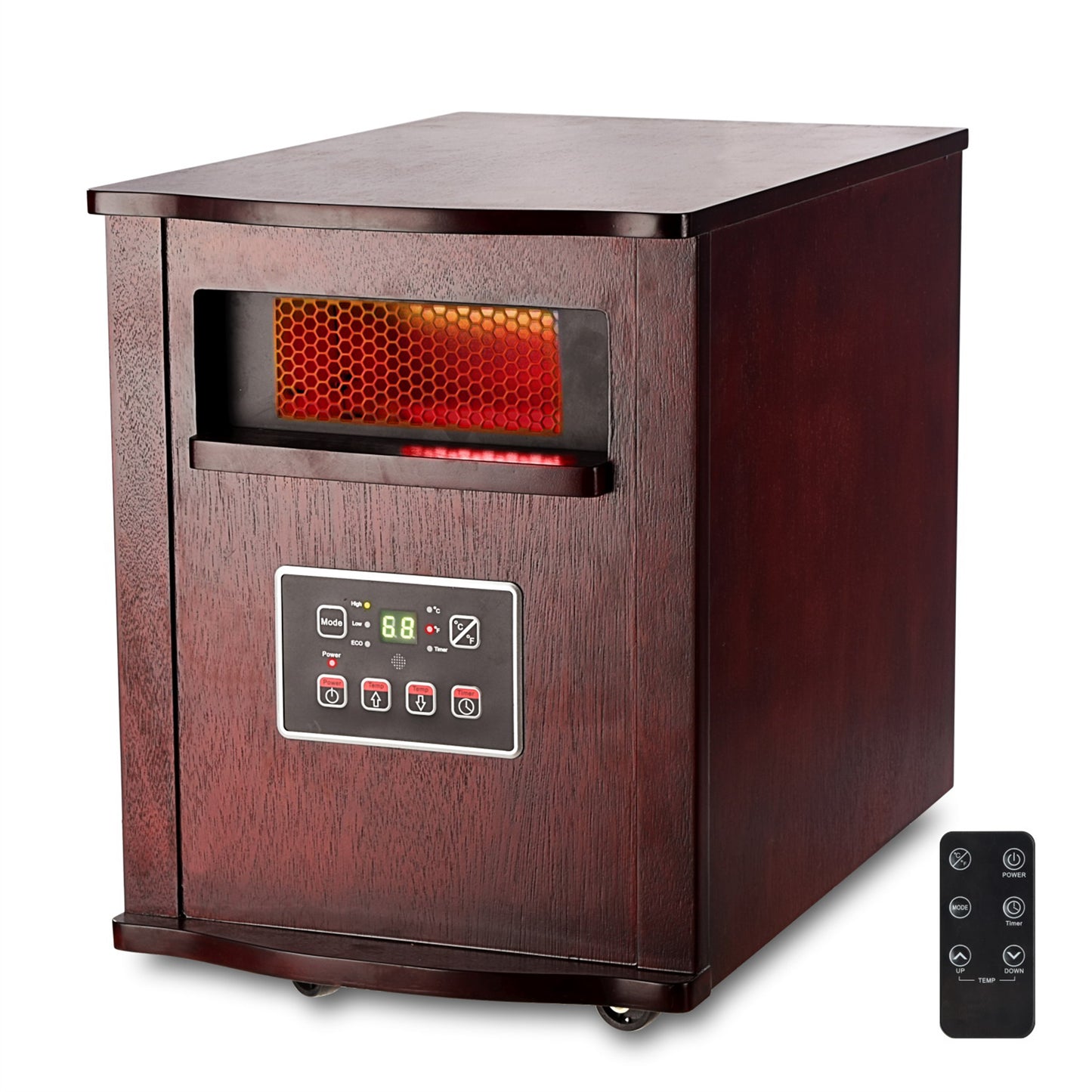 Optimus 1500W Infrared Quartz Heater in Warm Wood w Remote 3 Heat Settings Timer