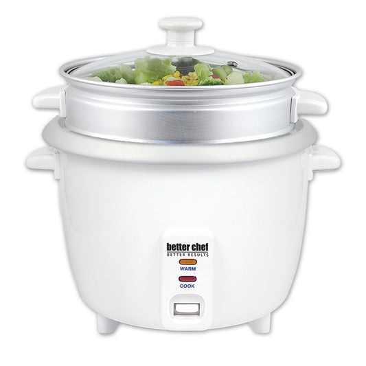 Better Chef 5 Cup Rice Cooker w Food Steamer Attachment in White