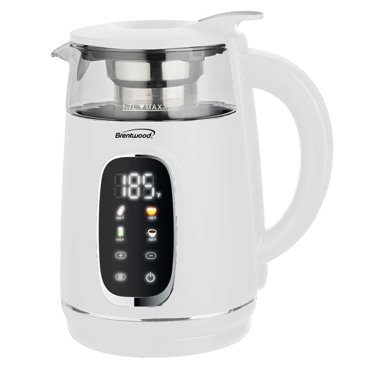 Brentwood 1.7L 1100W BPA Free 360 Cordless Digital Glass Electric Kettle in Whit