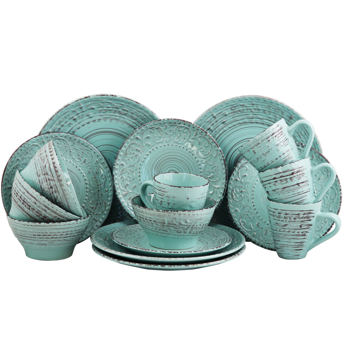 Elama Malibu Waves 16 Pc Embossed Stoneware Complete Dinnerware Set in Turquoise