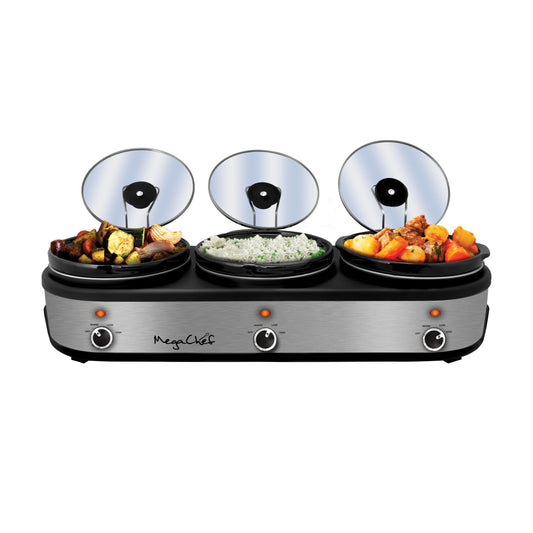 MegaChef Triple 2.5 Qt Slow Cooker and Buffet Server with Ceramic Pots Lid Rests
