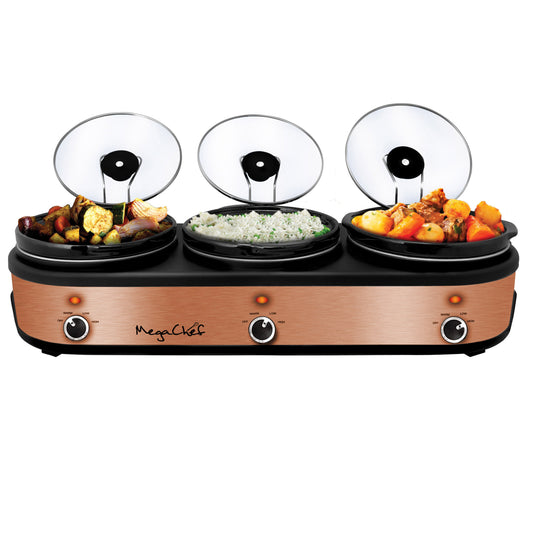 MegaChef Triple 2.5 Qt Slow Cooker Buffet Server in Brushed Copper w Lids Rests
