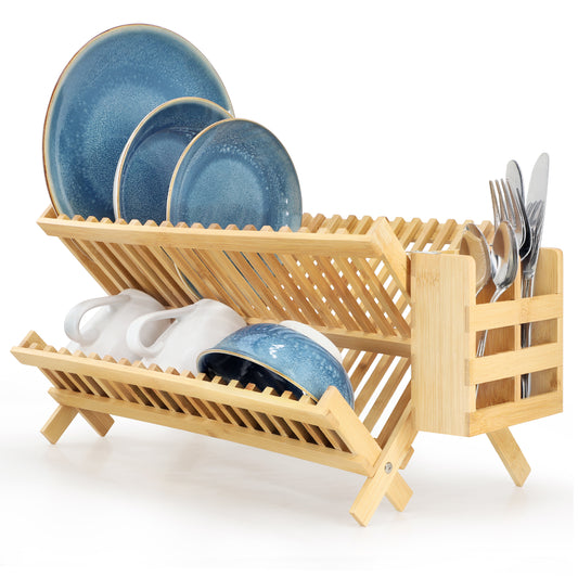 MegaChef 2-Tier Collapsible Kitchen Bamboo Drying Dish Rack w Utensil Holder