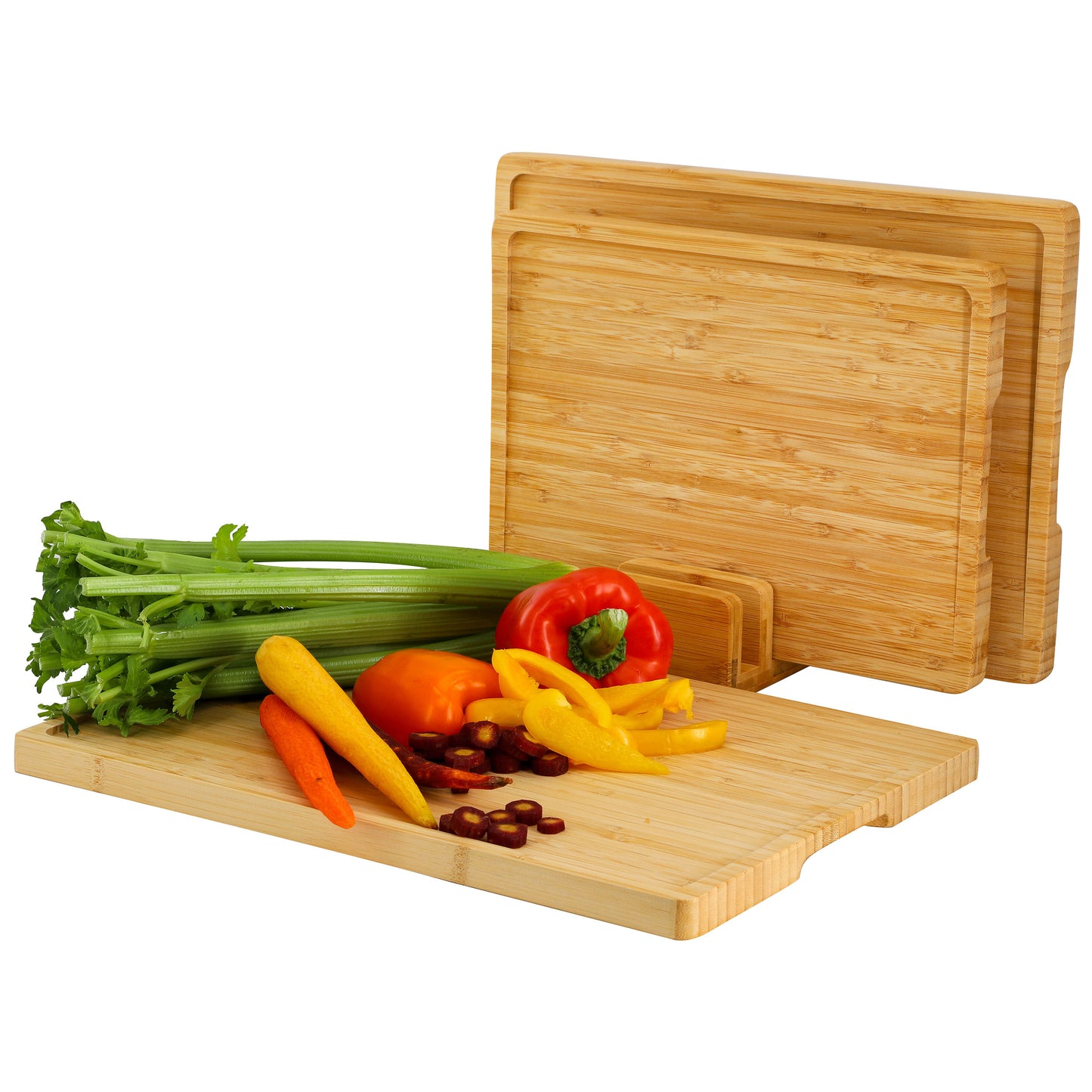 MegaChef 3 Piece Natural Bamboo Cutting Board Set w Base