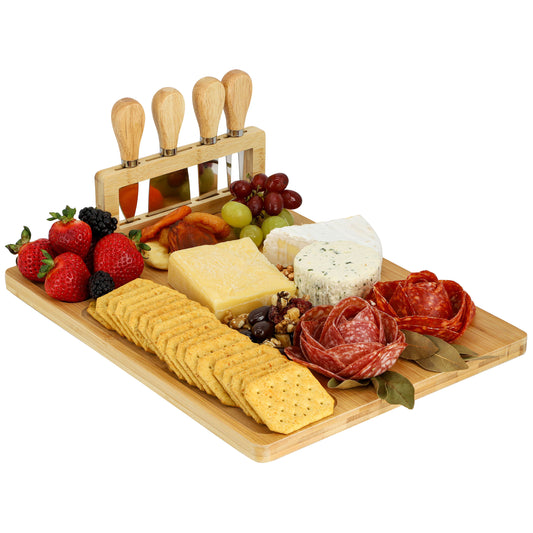 MegaChef Bamboo Charcuterie & Cheese Board w Knife Stand Attachment & 4 Piece Kn