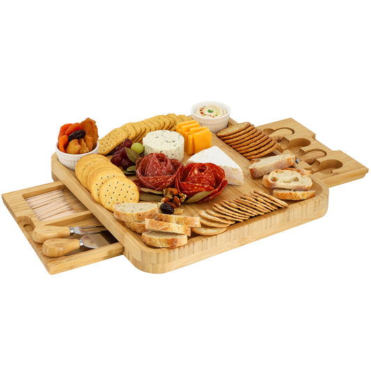 MegaChef Bamboo Charcuterie Cheese Board Set w Ramekins & Slide Out Cutlery Draw