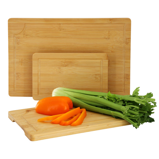 MegaChef 3 Piece 9" 12" & 15" Bamboo Wood Cutting Board Set w Juice Grooves