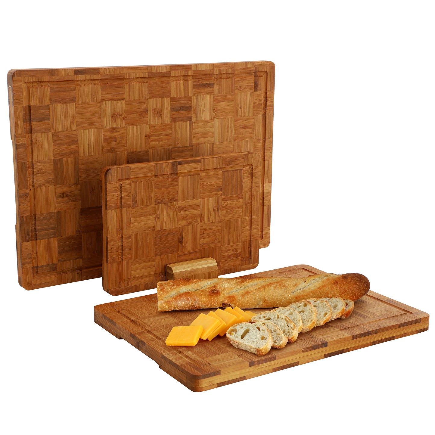 MegaChef 3 Piece Bamboo Checkered Pattern Cutting Board Set w Storage Holder
