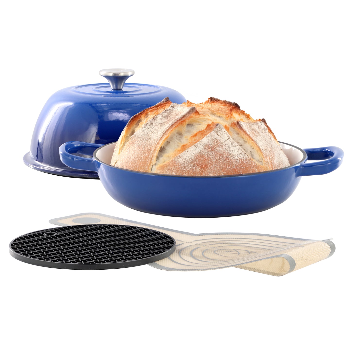 MegaChef 6 qt Enameled Cast Iron Bread Pot Blue w Baking Mat
